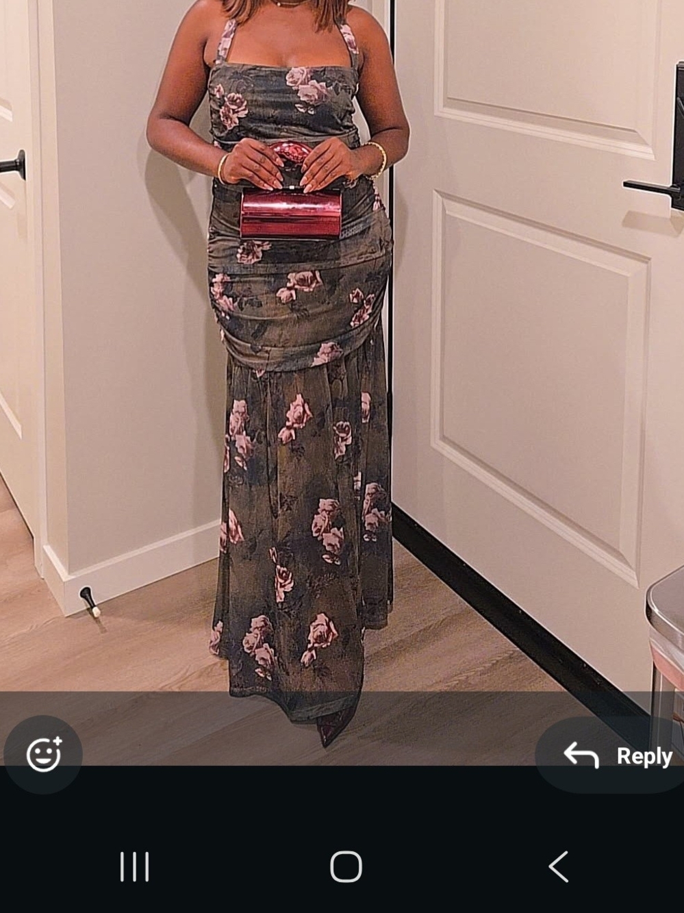 Floral Mesh Maxi Skirt in Olive with Pink Roses